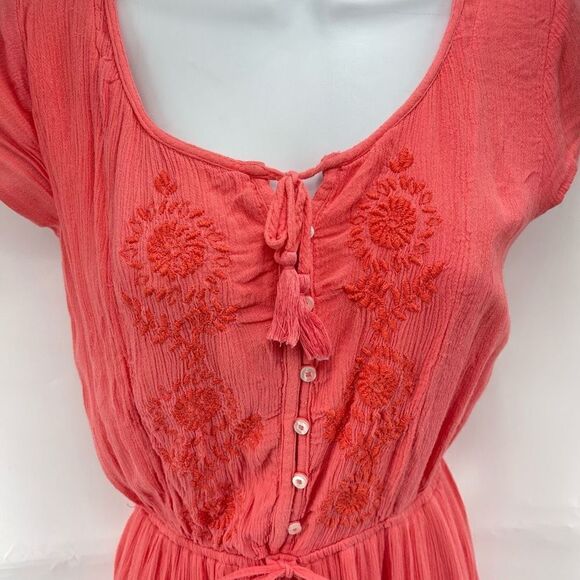 Hollister Mini Dress Floral Embroidered Button Stretch Elastic Waist coral small - Picture 13 of 15